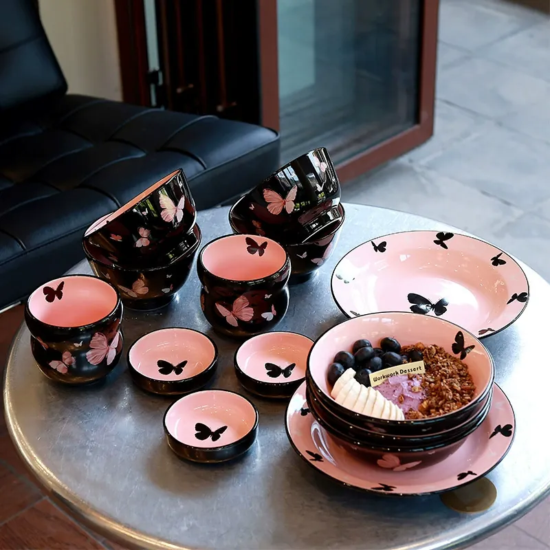Porcelain Bowl and Plate Set with Butterfly Design