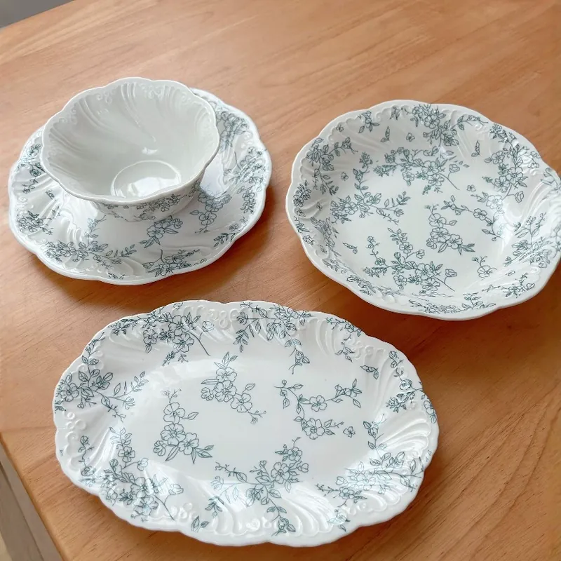 프렌치 빈티지 블루 플로럴 도자기 식기 tableware view 3