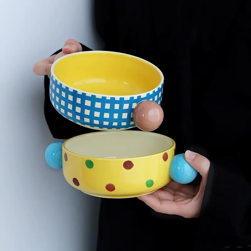 Polka Dot Porcelain Rice Bowl with Handles