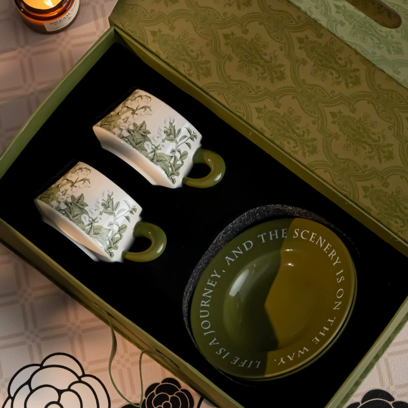 Ceramic Coffee Cup and Saucer Set with Lily of the Valley Design