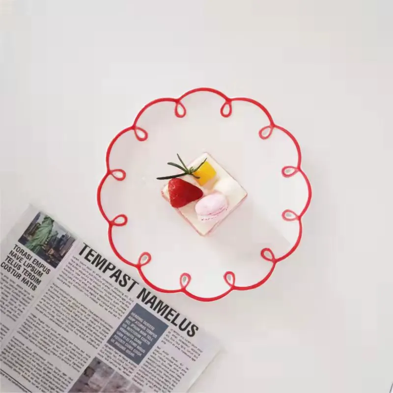 Vintage Red Rim Embossed Porcelain Plate tableware