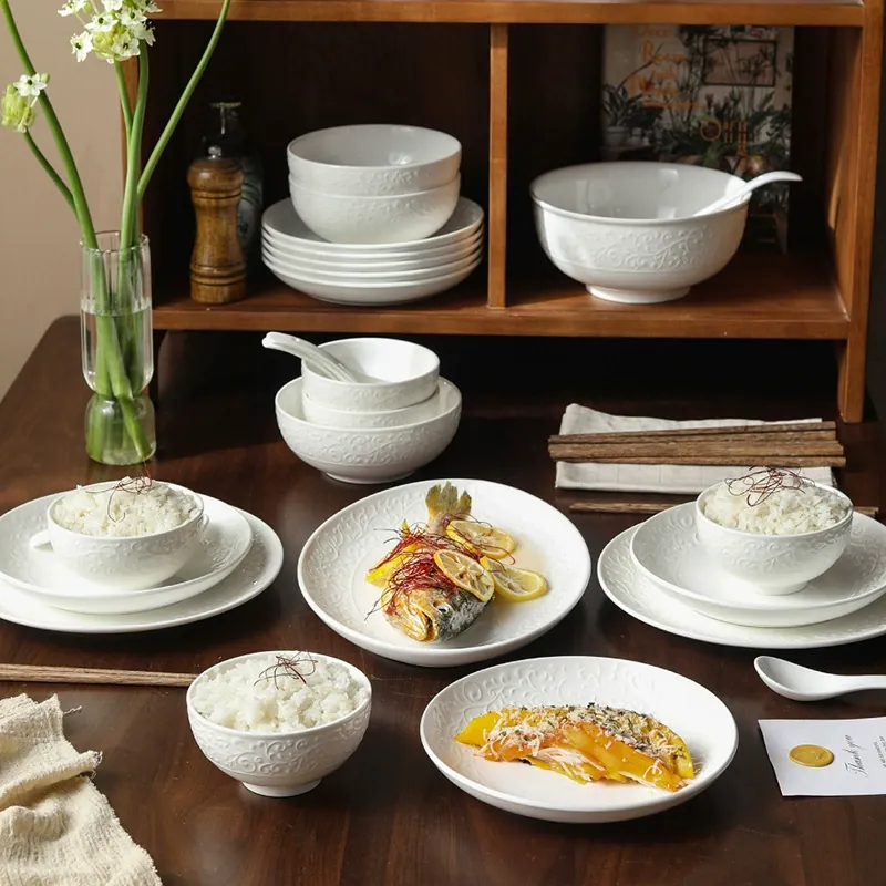 White Relief Dinnerware Set