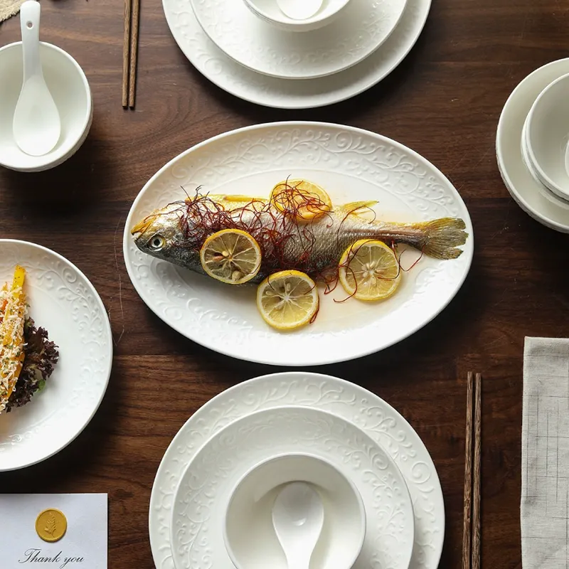 White Relief Dinnerware Set tableware view 2
