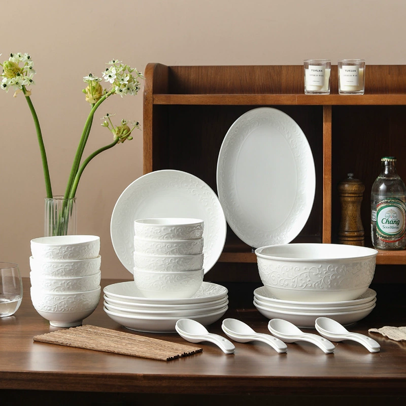 White Relief Dinnerware Set tableware view 4