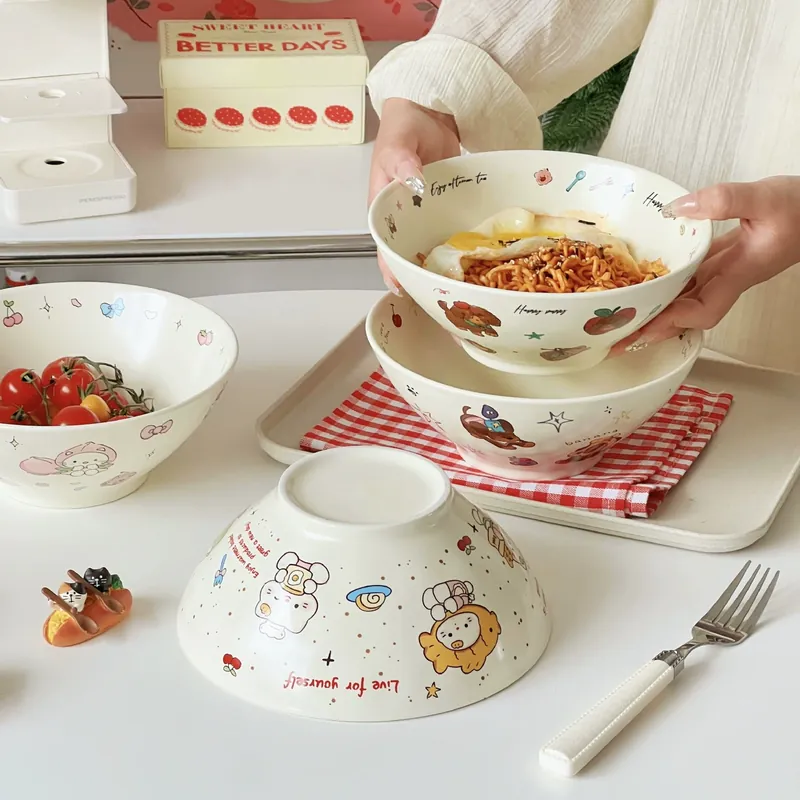 Tigela de macarrão de cerâmica de desenho animado japonês tableware