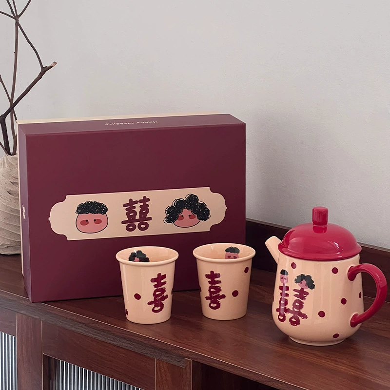 Chinese Wedding Couple Ceramic Mugs Gift Set tableware view 3