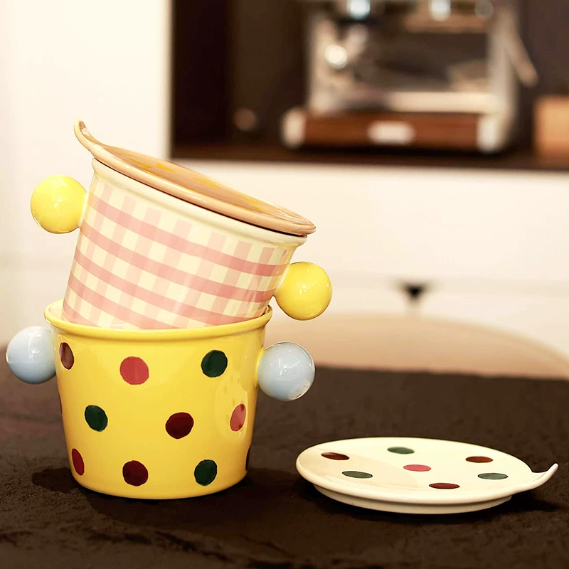 وعاء نودلز سيراميك بنمط شبكي مع مقابض tableware view 3