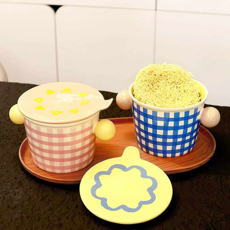 وعاء نودلز سيراميك بنمط شبكي مع مقابض tableware view 4