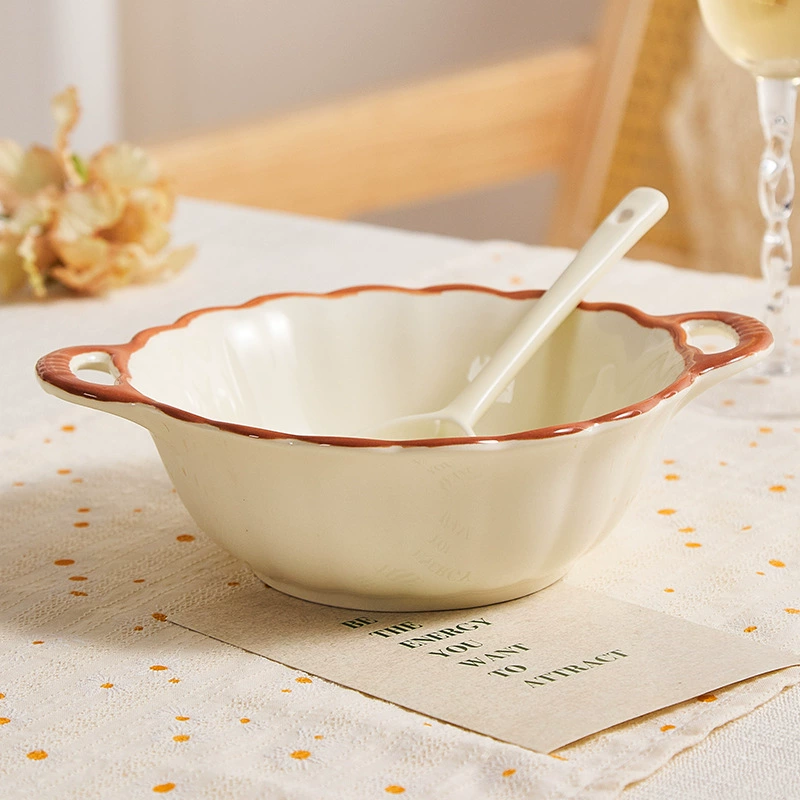 Cream Color Double Handle Salad Bowl tableware view 4