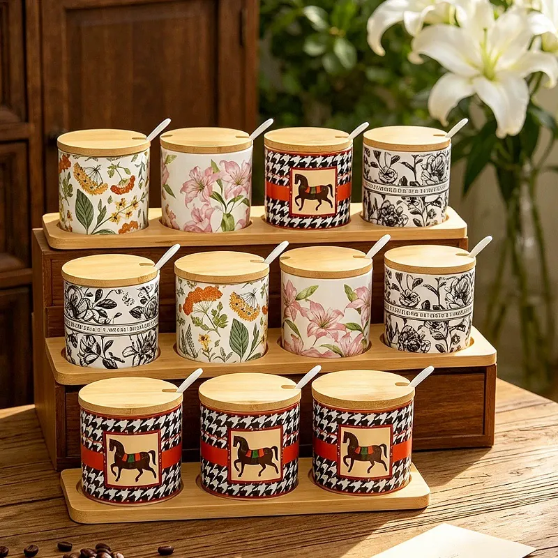 Ceramic Spice Jar Set with Bamboo Lid