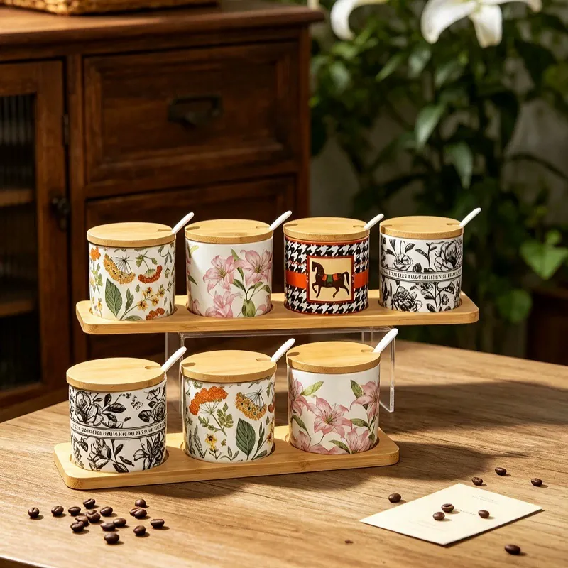 Ceramic Spice Jar Set with Bamboo Lid tableware view 2