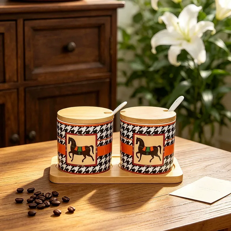 Ceramic Spice Jar Set with Bamboo Lid tableware view 10