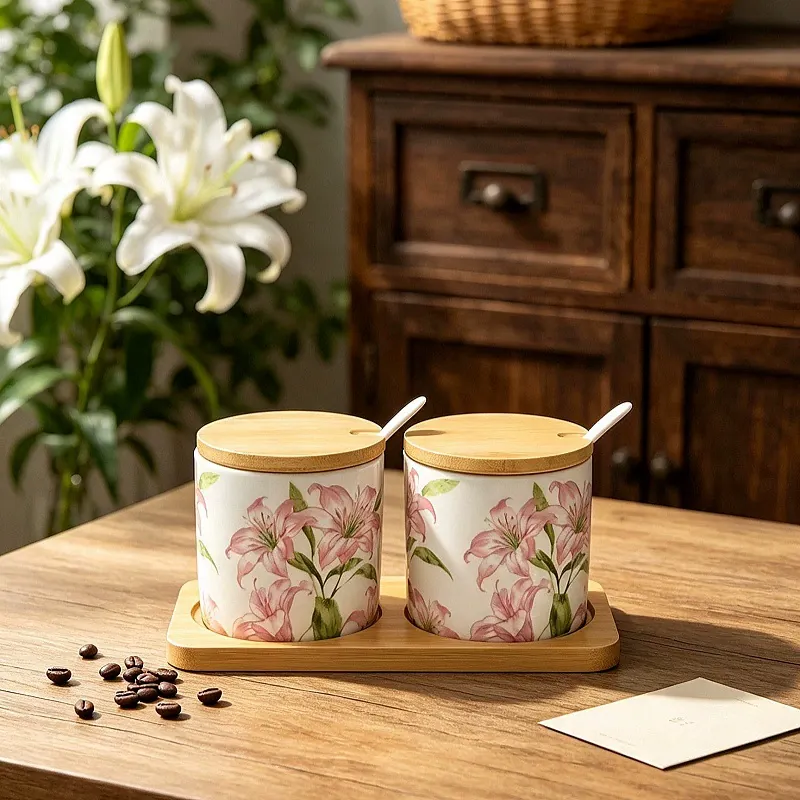 Ceramic Spice Jar Set with Bamboo Lid tableware view 12