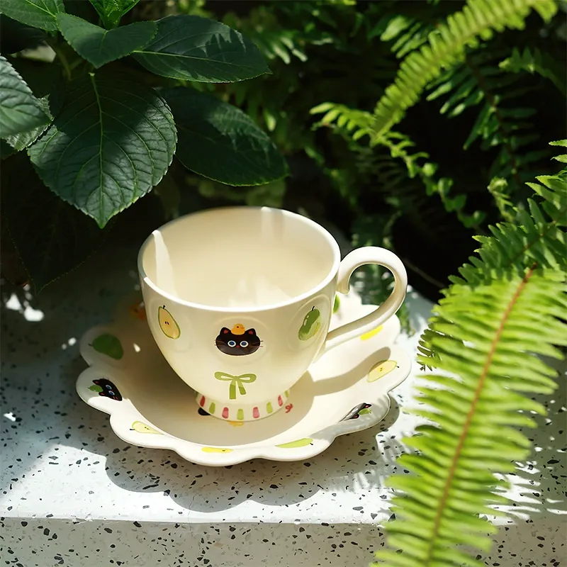 Cat Handle Ceramic Mug with Saucer tableware view 3