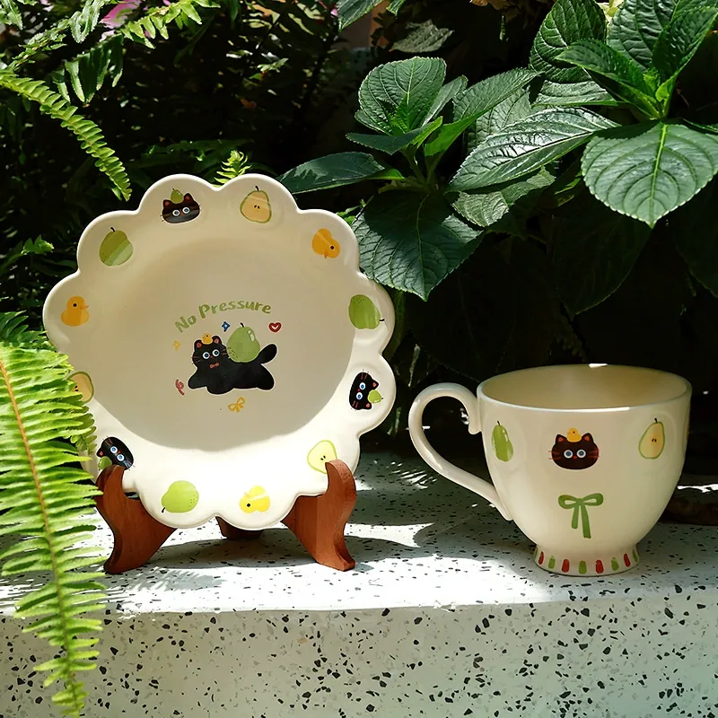 Cat Handle Ceramic Mug with Saucer tableware view 4