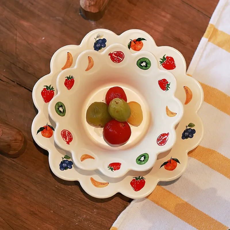 Набор керамической миски и тарелки с узором фруктов tableware view 4
