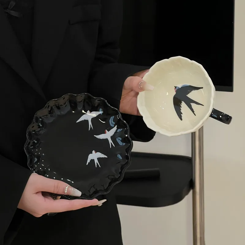 Japanese Swallow Ceramic Plate and Cup Set
