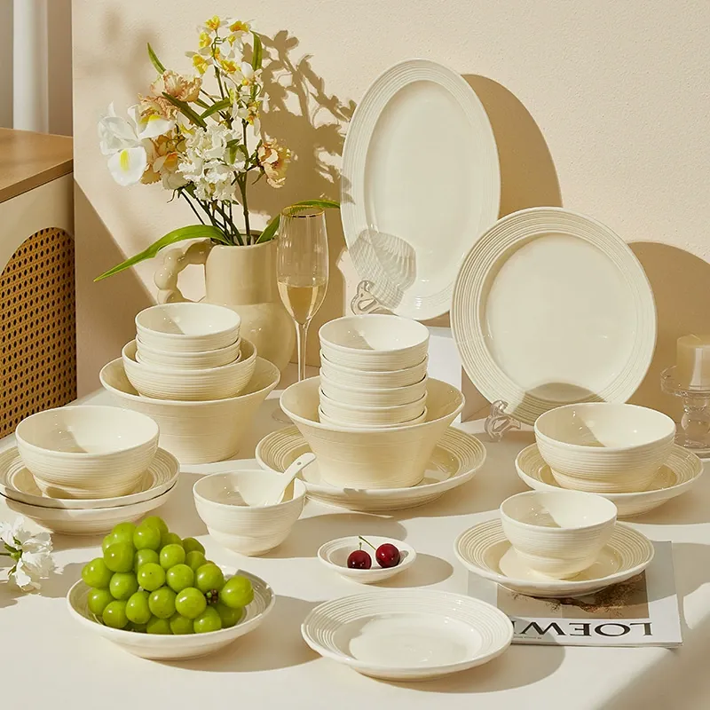 Embossed Cream Porcelain Dinnerware Set tableware view 4