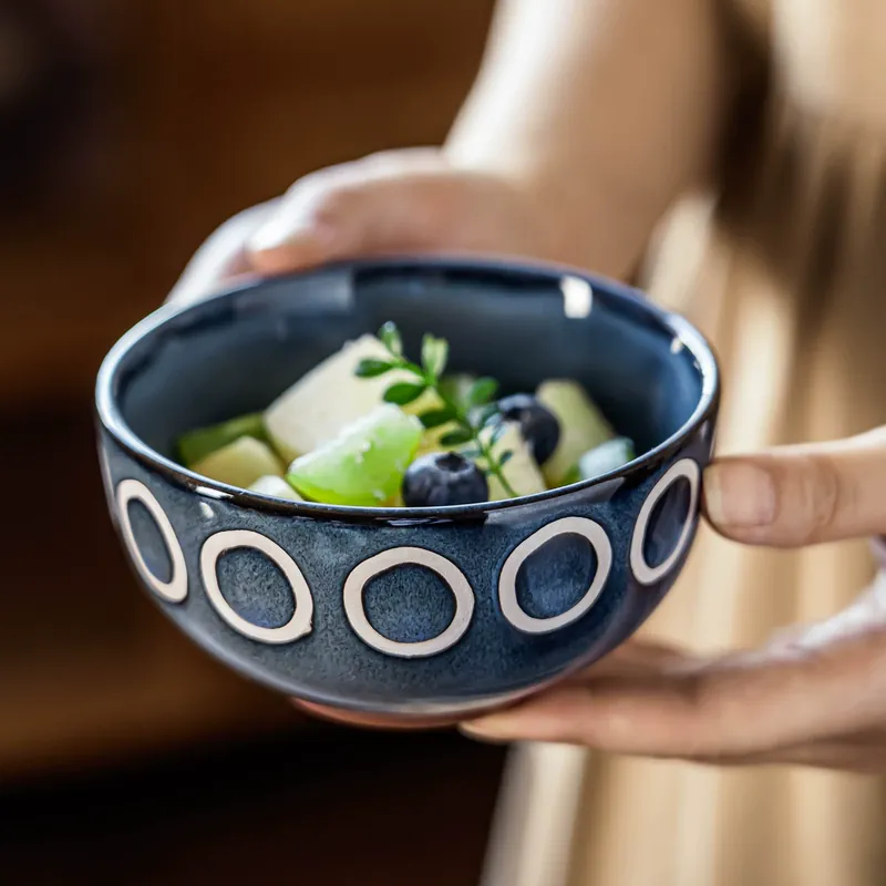 Round Ceramic Rice Bowl with Circle Pattern