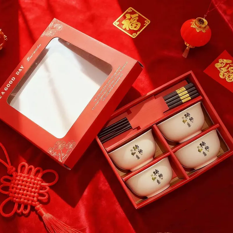 Red Ceramic Bowl and Chopstick Set tableware view 3