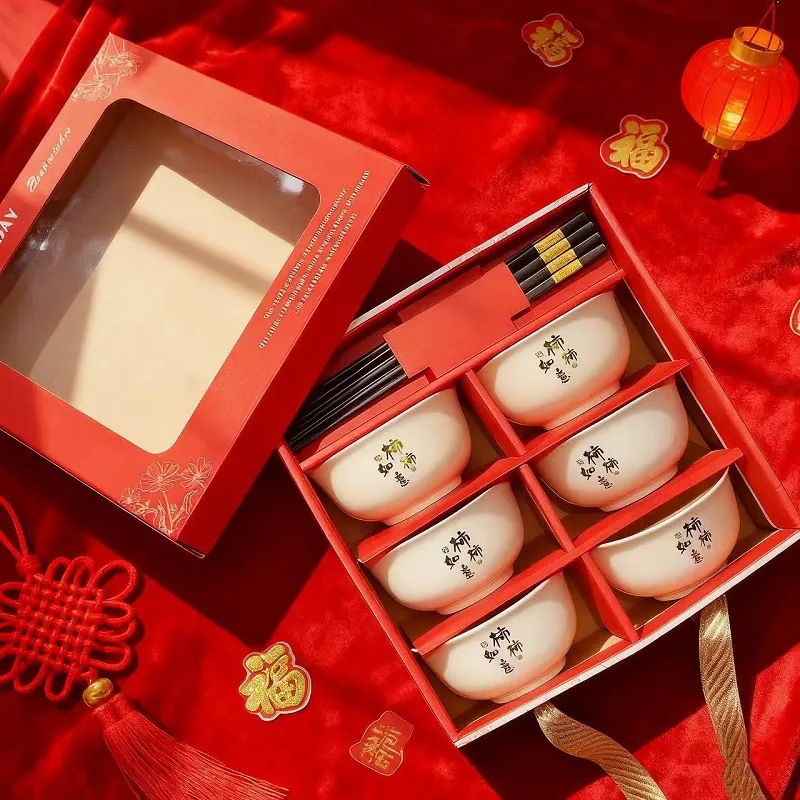 Red Ceramic Bowl and Chopstick Set tableware view 7