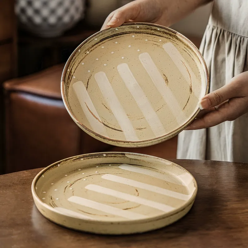 Hand-Painted Striped Ceramic Plate tableware view 4