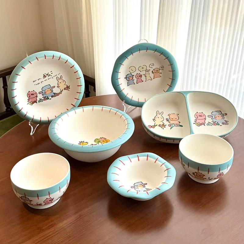 Набор керамических тарелки и миски для завтрака, синий матовый tableware view 2