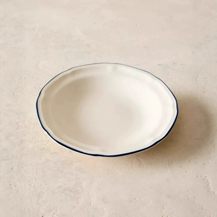 Simple White Blue Rim Ceramic Soup Plate