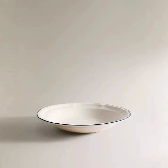 Simple White Blue Rim Ceramic Soup Plate tableware view 2
