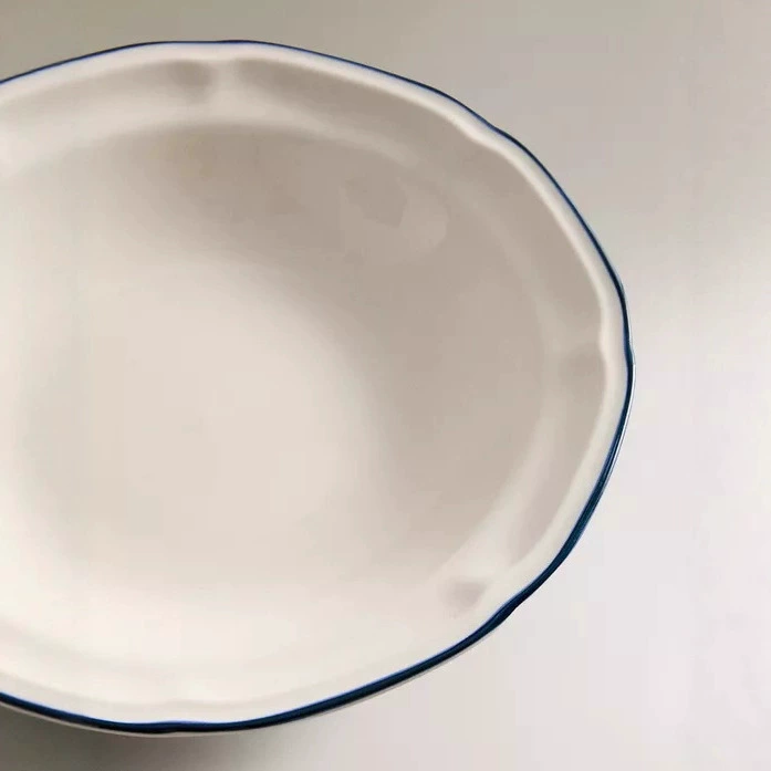 Simple White Blue Rim Ceramic Soup Plate tableware view 3