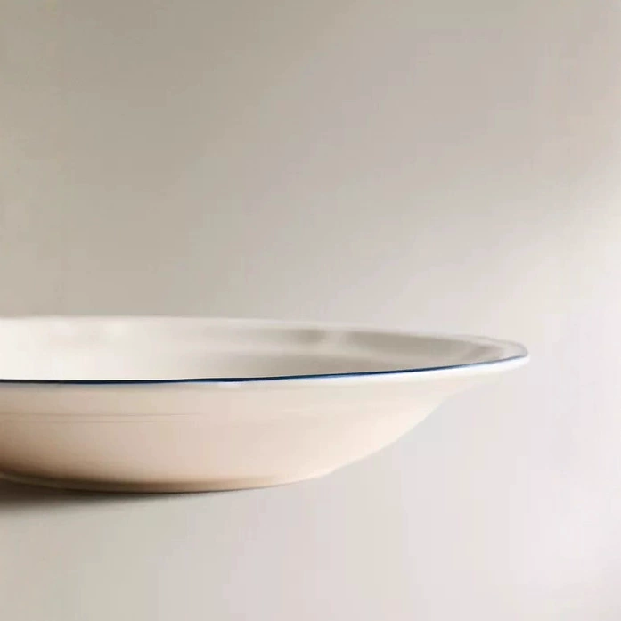 Simple White Blue Rim Ceramic Soup Plate tableware view 4