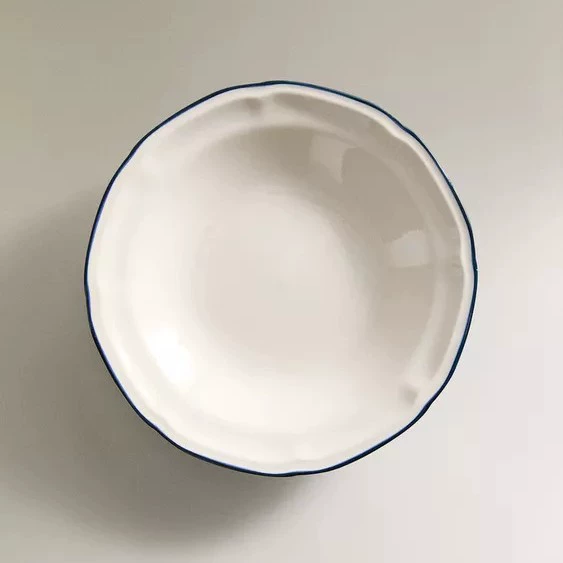 Simple White Blue Rim Ceramic Soup Plate tableware view 6