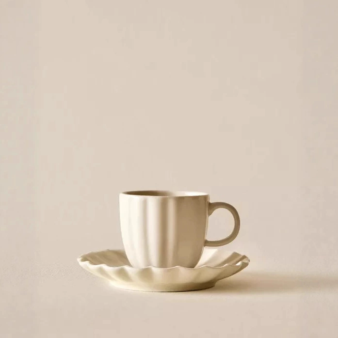 White Vertical Stripe Ceramic Cup and Saucer Set tableware view 2