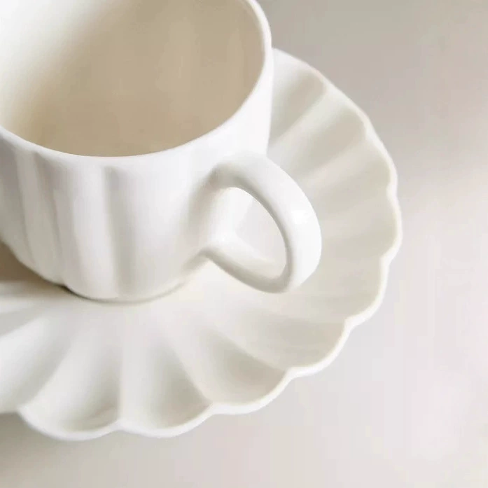 White Vertical Stripe Ceramic Cup and Saucer Set tableware view 3