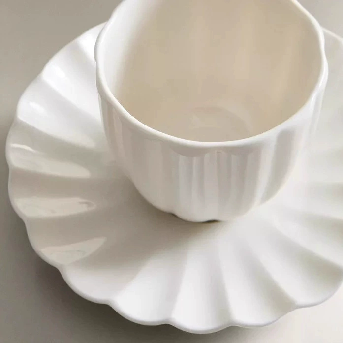 White Vertical Stripe Ceramic Cup and Saucer Set tableware view 4