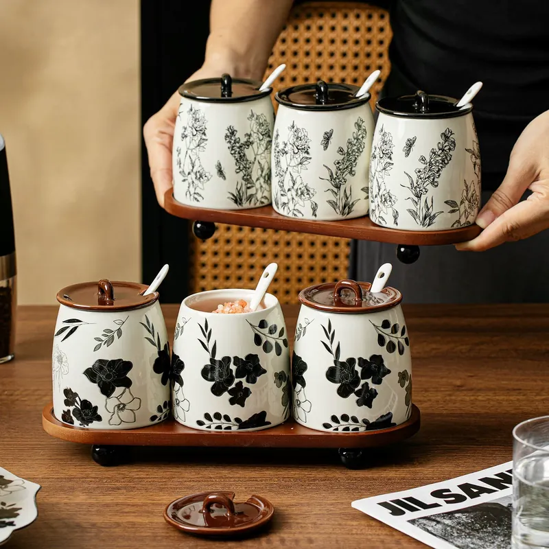 French Ceramic Condiment Jar Set with Rack