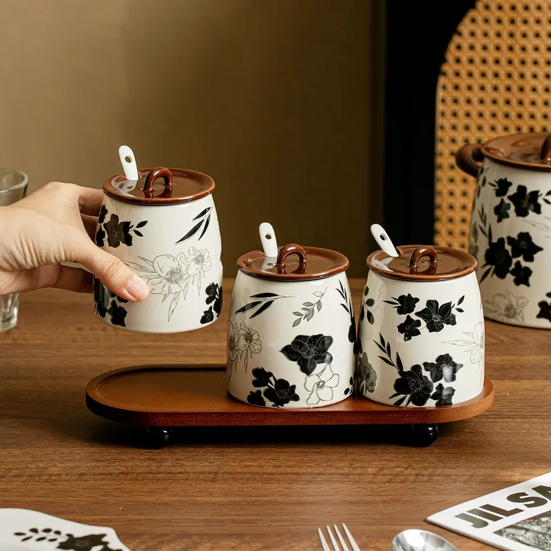 Ensemble de pots à condiments en céramique avec support, style français tableware view 2