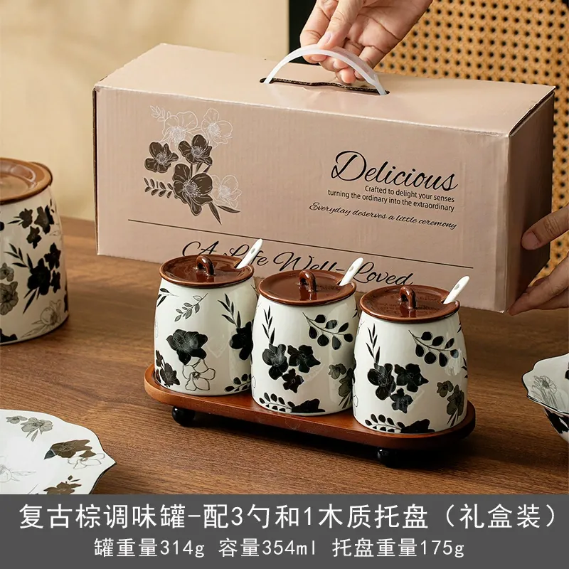 Ensemble de pots à condiments en céramique avec support, style français tableware view 6