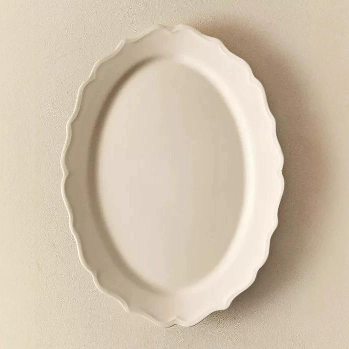 White Relief Oval Dessert Plate